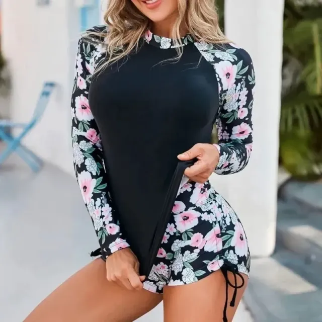 Swimsuit set for women containing sports shirt with long sleeve and shorts