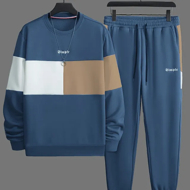 Men's sports kit for winter and autumn, 2-piece, colorful blocks, hoodie with round neckline and long sleeves, jogger sweatpants