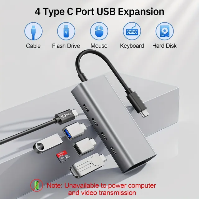 USB C 4 Ports 10 Gb/s USB C 3.2 GEN2 hub Only For Data Transfer From Notebook (does not support Power A Video) USB C hub To USB C Multiport Adapter Pro MacBook Pro Air Chromebook Pro IMac USB Type C hub