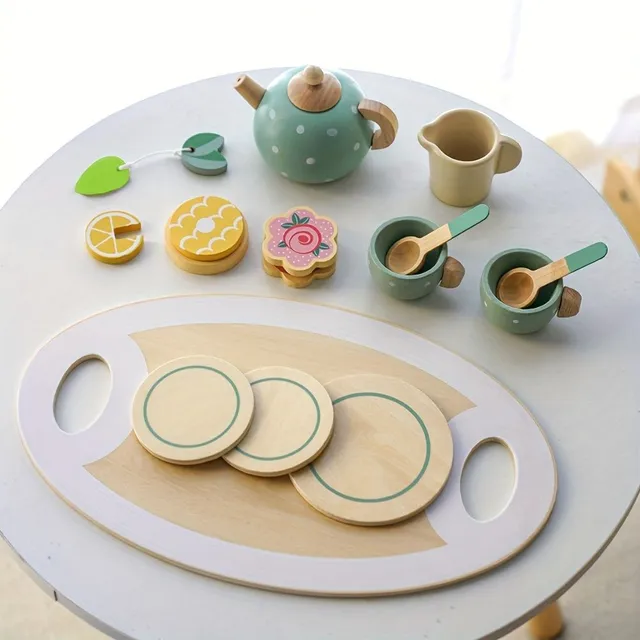 Drevené čajové pokrmy s domom a dezertom - hra pre deti