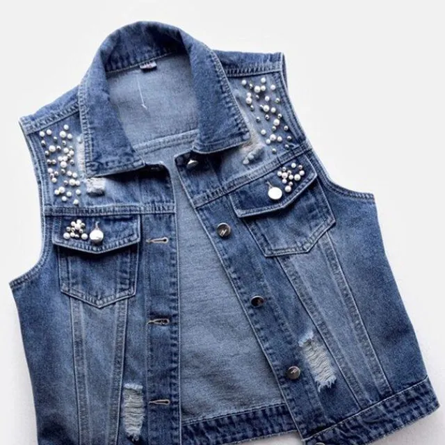 Women's denim vest with beads and slit