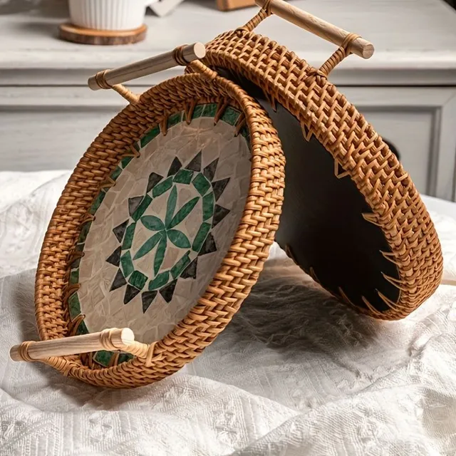 Decorative bamboo tray with double handles for festive occasions