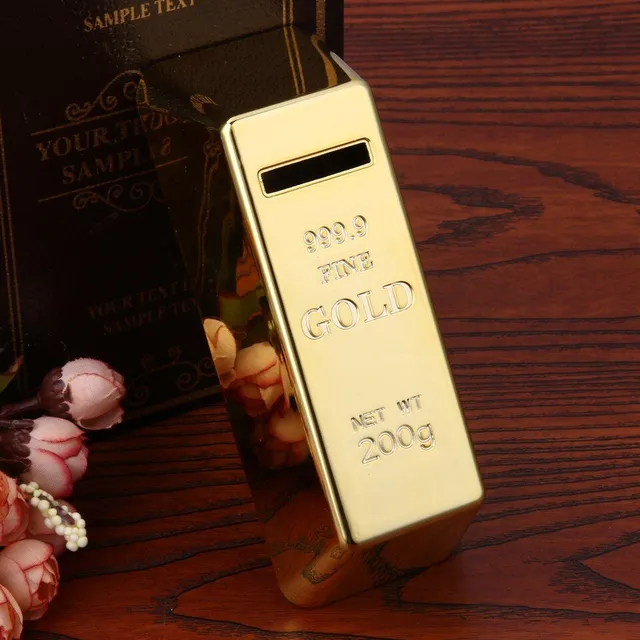 Practical cash box in the shape of a golden brick