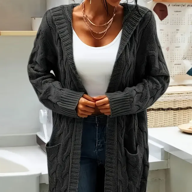 Cardigan da donna con cappuccio con motivo a cavi, maniche lunghe, lunghezza media, tasche - tinta unita