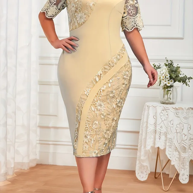 Elegantné svadobné šaty pre full-lim: Slim Fit s krátkym rukávom, kontrastná čipka, okrúhly výstrih