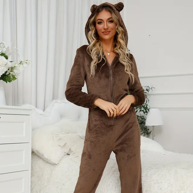 Roztomilý plyšový overal s medvídkem a kapucí, zipem a dlouhým rukávem - dámské pyžamo