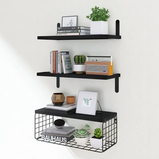 1 set of bathroom shelves above toilet, black floating bathroom shelves wall with wire basket, wooden floating shelves for wall decoration, bathroom wall shelves, wall shelves for bathroom