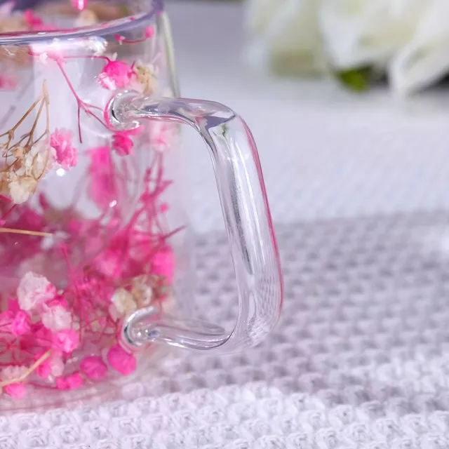 Stylish double glass jar with dried flowers - ideal for coffee, juice and as a birthday present