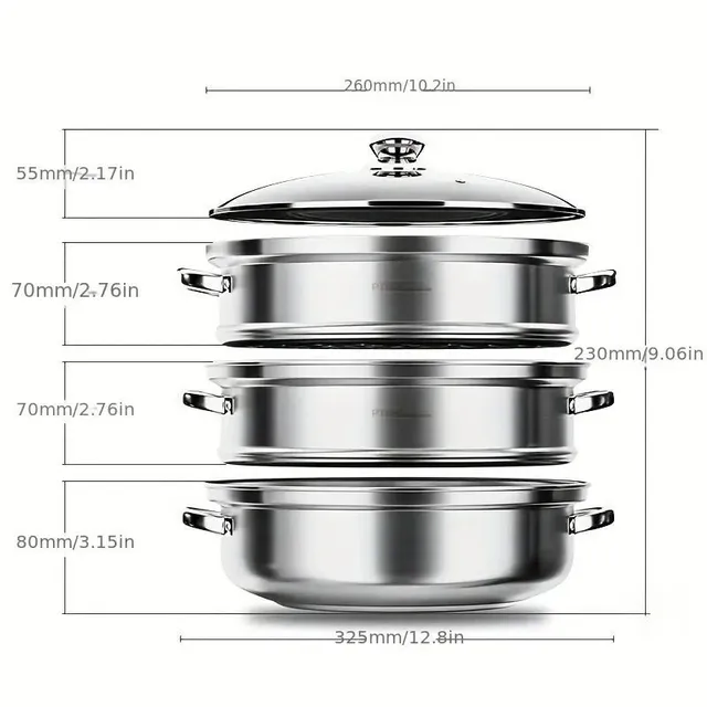 3-storey stainless steel steam cooker with stack © Fully equipped steamer for healthy cooking