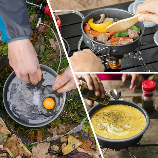 Outdoor Kemping Sada čaju Konvic Z Hliníkové zliatiny Pre 4-5 Osoby, Sada prenosné Kemping Konvic s 1 lyžicou, 1 lyžica na ryžu, 5 plastových misy a 2 plastové dosky A 1 drez, panvicu, hrniec Variť