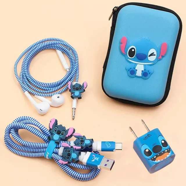 Protective cover for headphones and charger with cover and cable clips in Stitch theme