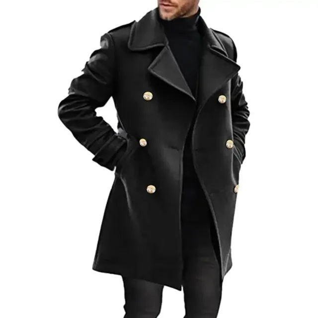 Men's formal coat - two-row mid-length trench with collar to neck, monochrome