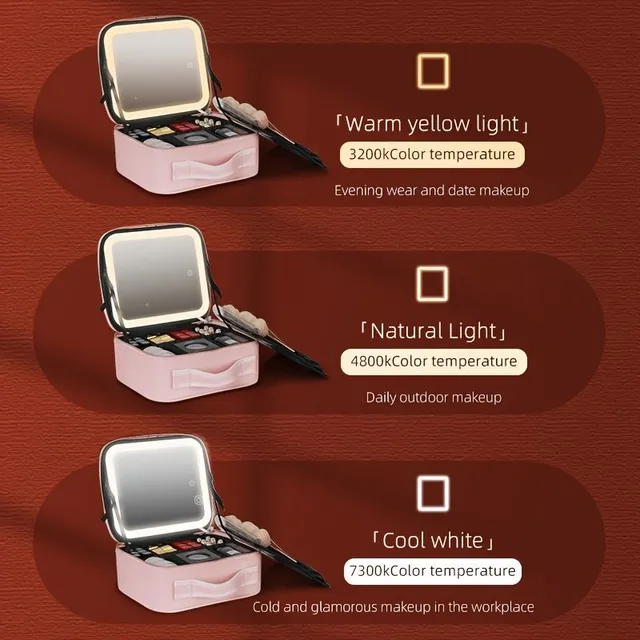 Cestovné puzdro na make-up so zrkadlom LED 3 nastaviteľné jas Kozmetická taška Prenosné úložisko Nastaviteľné rozdelenie vodotesné kefy na make-up Organizátor na šperky darček pre ženy