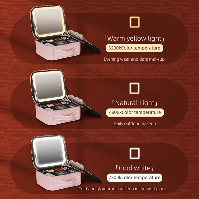 Cestovní Pouzdro Na Make-up Se Zrcadlem LED Světlem 3 Nastavitelný Jas Kosmetická Taška Přenosné Úložiště Nastavitelná Přepážka Vodotěsné Štětce Na Make-up Organizér Na Šperky Dárek Pro Ženy