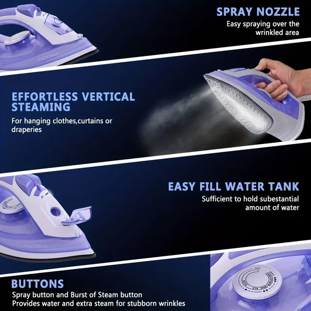 Steam iron 2000 W with non-sticky ironing surface and adjustable thermostat