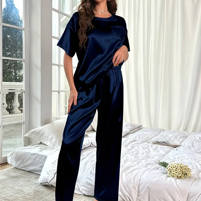 Pyjama en satin pour femme, ensemble à manches courtes et pantalons longs