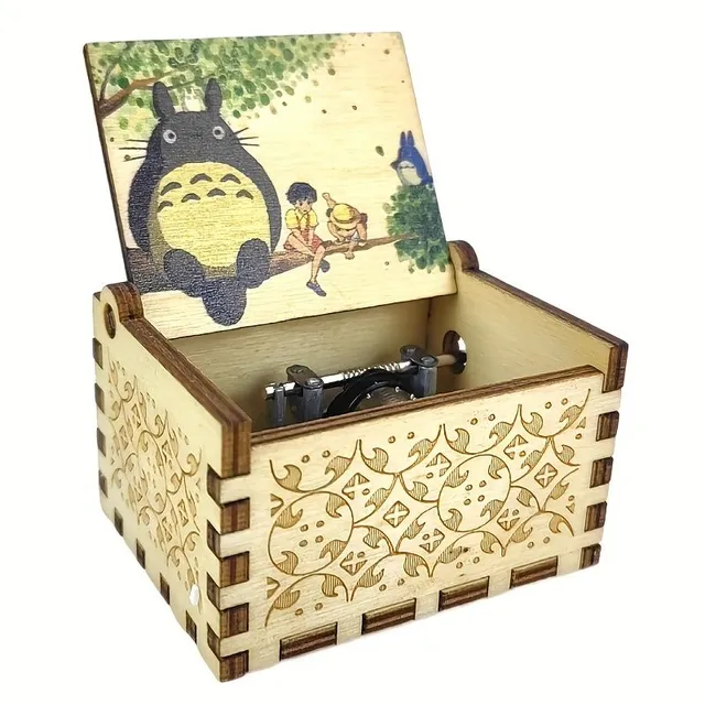 Small hand turned wooden box for melody with cartoon characters