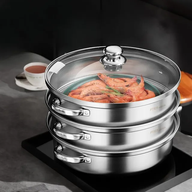 3-storey stainless steel steam cooker with stack © Fully equipped steamer for healthy cooking