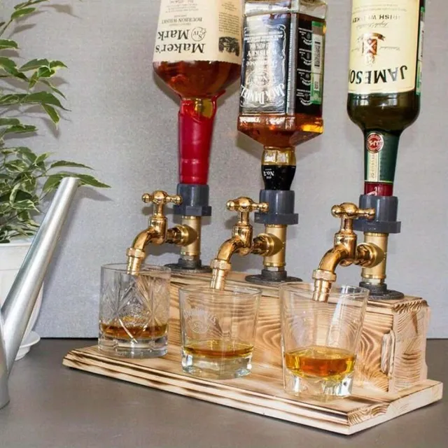 Distribuitor rustic de lemn pentru vin/licori cu 1/2/3 robinete, lucrat manual - accesoriu elegant pentru bar și bucătărie