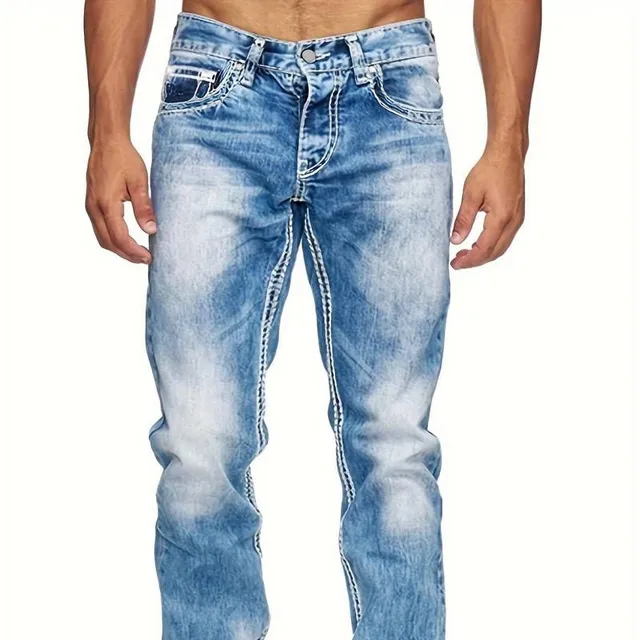 Jeans bărbătești slim fit din denim cu aspect rupt, stil urban