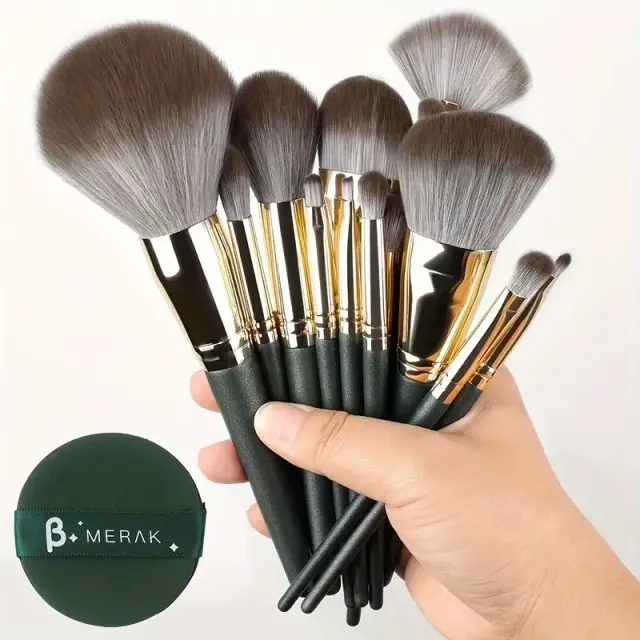 Luxury 14-piece set of make-up brushes - stuffed, green professional brushes for detailed make-up of whole face and eyes