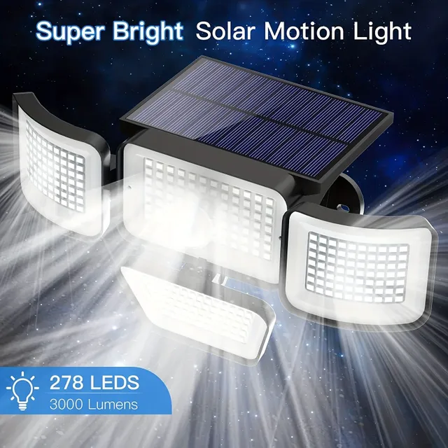 Venkovní solární světlo s detektorem pohybu, 278 LED, 3000 lm, 6500 K, 4 hlavy, IP65 vodotěsné, 300° široký úhel s 3 režimy
