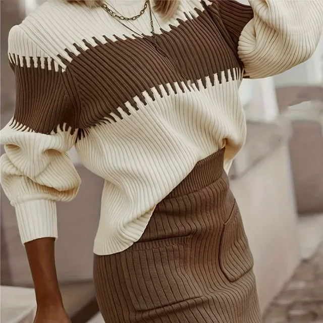 Women's two-piece knitted set - colored block and ribbed sweater with skirt in midi length