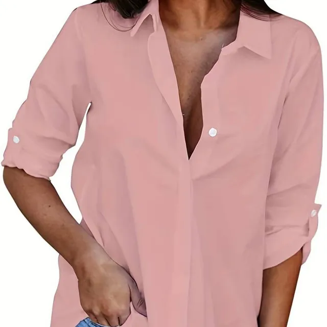 Dámská košile s výstřihem do V, jednobarevná, zapínaná na knoflíky, s dlouhými rukávy, ležérní styl
