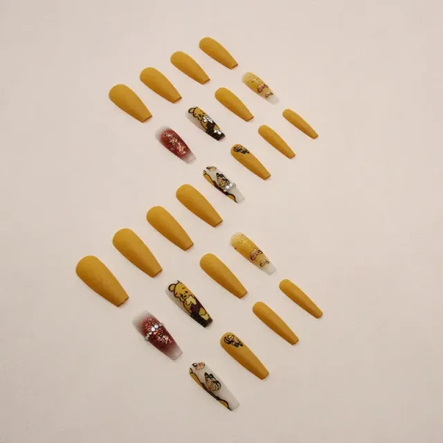 Modern sticky nails - long shape in ballerina style, yellow color, theme favorite characters