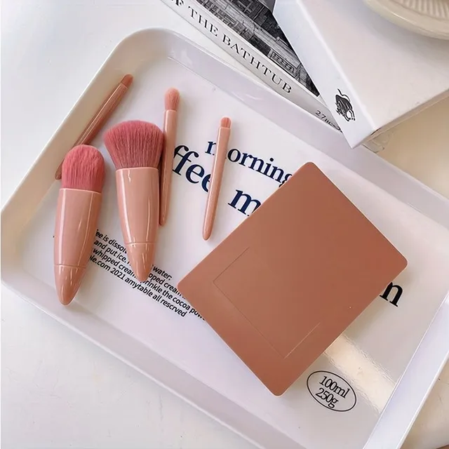 Set von 5 tragbaren Mini-Make-up-Pinseln mit Spiegel und Etui - weiche Fasern für Puder und Lidschatten