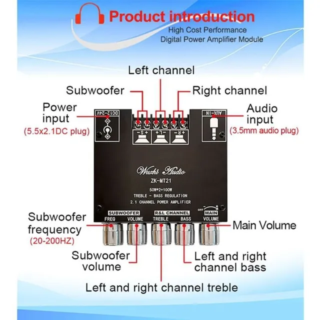 ZK-MT21 Výkonný digitální audio zesilovač pro 2.1 kanály