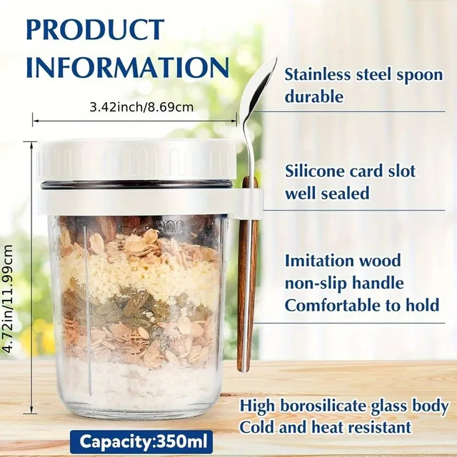 Glass oatmeal canvas with 2 pieces, portable yogurt canister, breakfast can, uzavirable with lid and spoon, salad bowl