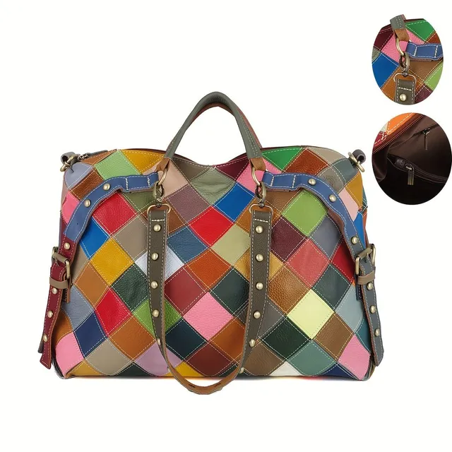 Velkokapacitní kostkovaná taška Color Block, taška přes rameno s texturou z PU kůže, univerzální taška na dojíždění pro volný čas