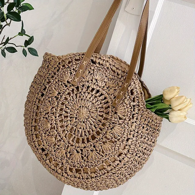 Straw knit casual bag - round shape with double ear, literary beach bag