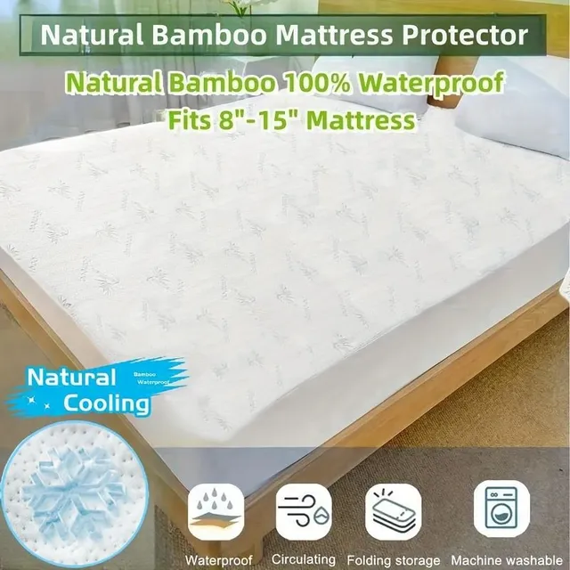 Protecție de saltea din fibră de bambus, impermeabilă și ultra moale, respirabilă, pentru pat, pentru confort și protecție, cu buzunar adânc, lavabil în mașină