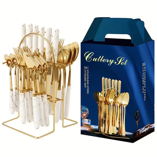 24pcs Stainless steel Stand for cutlery A Storage Box - Mirror Design for use In Households, Restaurant &amp; Party - Contains Dining Knife, Fork, Spoon &amp; Dessert Spoon - Ideal For Organizing &amp; Exhibition of cutlery