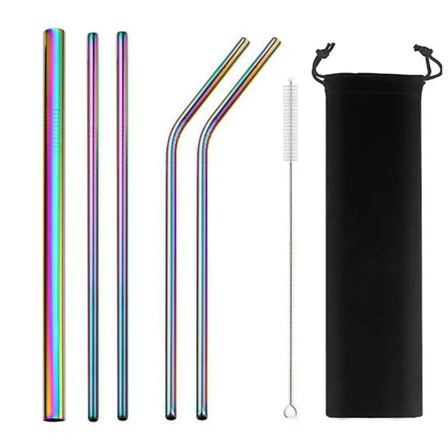 Set of reusable stainless steel straws with sleeve