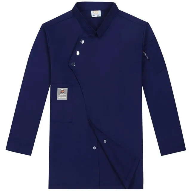 Universal professional chef coat in single-color design with collar and simple closure for men and women