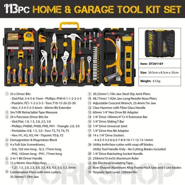 113 piece Universal tool kit in plastic box