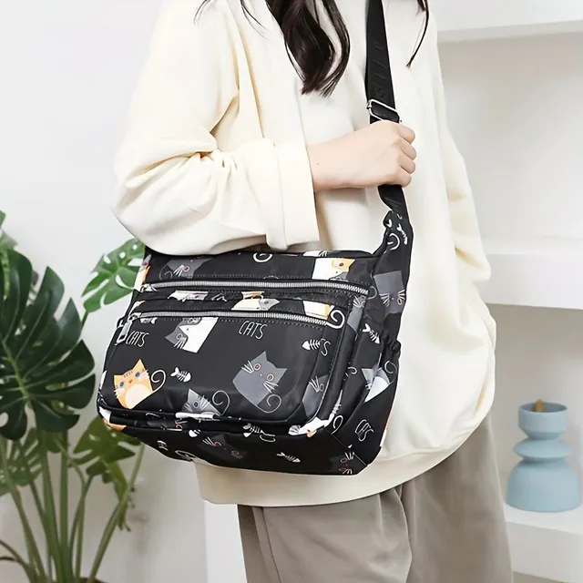 Roztomilá crossbody kabelka s mačkou potlačou, módny nylon ramenná taška, ľahký poslíček taška pre ženy