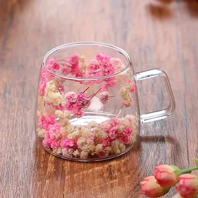 Stylish double glass jar with dried flowers - ideal for coffee, juice and as a birthday present