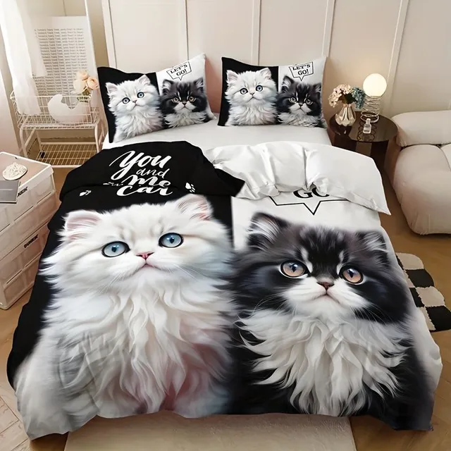 Set of 3 pcs Black and white Cute Kittens On Bedding (1 Bedding on the duvet + 2 On the pillows, Pillows Not included), Soft and Breathable HD Printing Set On Valentine's Day Pro Home A Dorm