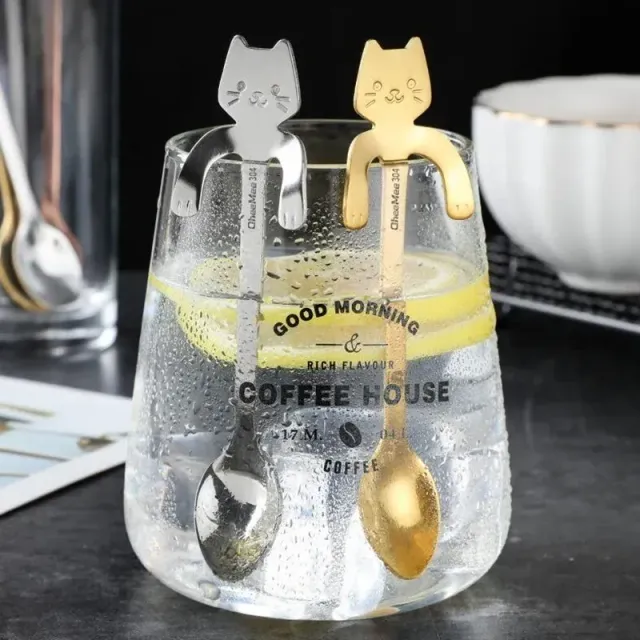 Nerezová ocelová lžička na kávu, čaj, dezert, zmrzlinu a snack ve tvaru roztomilé kočky - miniaturní lžičky pro stolování a kuchyňské náčiní