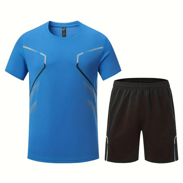 Pánský dvoudílný letní set - tričko s krátkým rukávem a kulatým výstřihem + kraťasy - trendy oblečení na dovolenou a cvičení