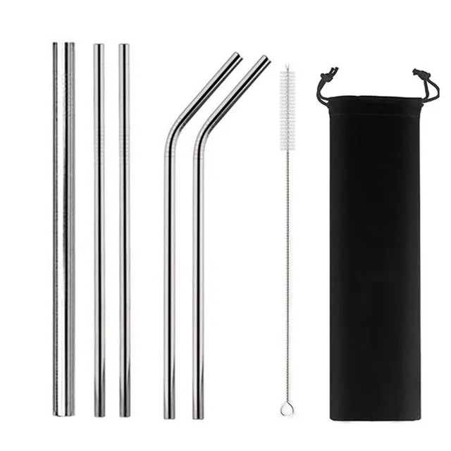 Set of re-usable stainless steel straws with case 7Pcs Silver A