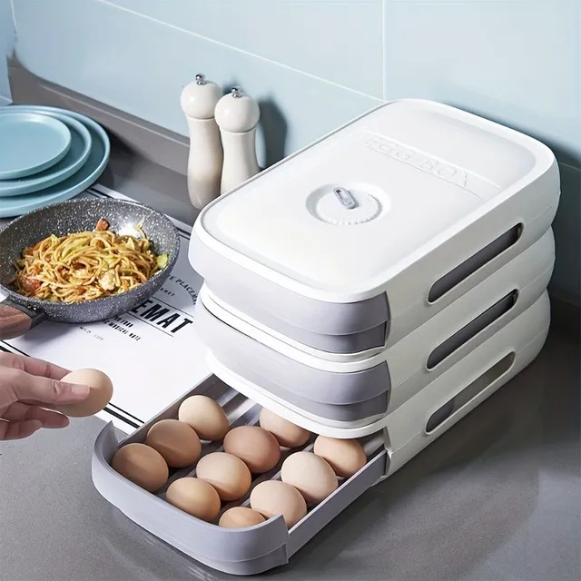 Lockable egg box for keeping freshness - Climbable organizer for fridge with lid