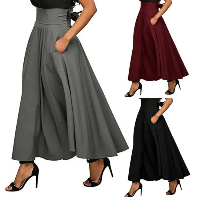 Women's fashion long A-line skirt with pocket and tied bow