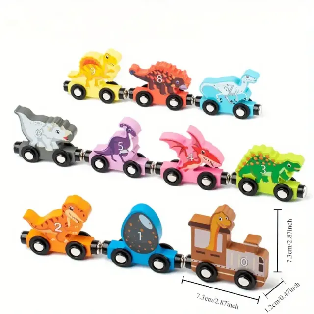 Magnetic wooden train set with dinosaurs - two-sided, educational toy