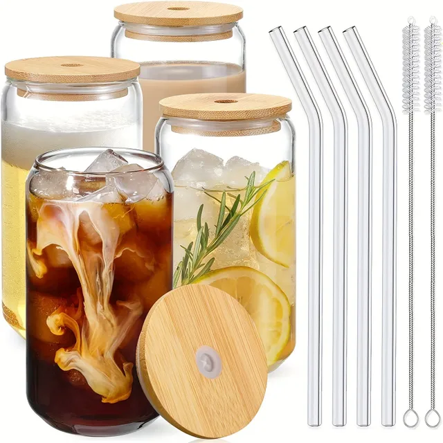 4-piece set of glass in the shape of cans, 16 oz, made of high borosicicate glass with bamboo lids and glass straws