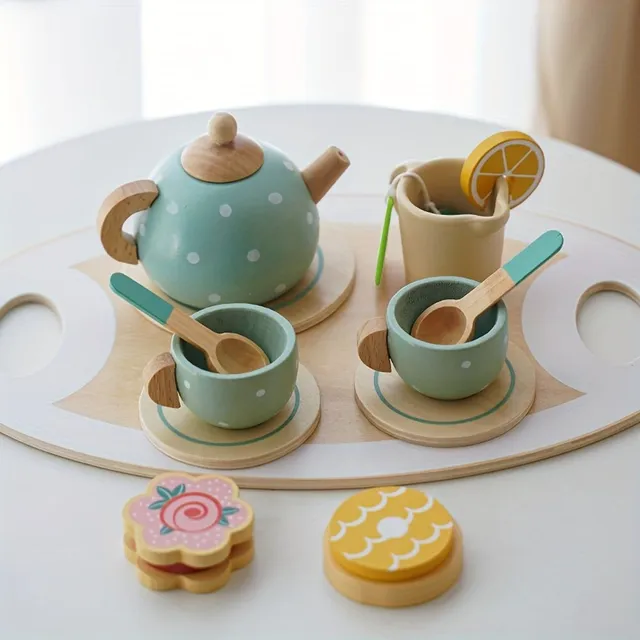 Wooden tea dishes with house and dessert - play for children